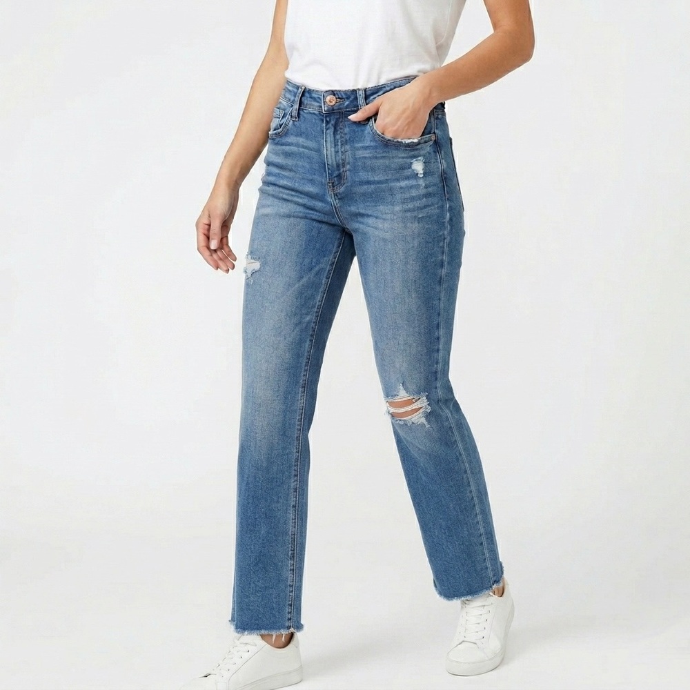 FLYING MONKEY Dumbfounding Jean Mid Rise Straight Leg Distressed Medium Denim